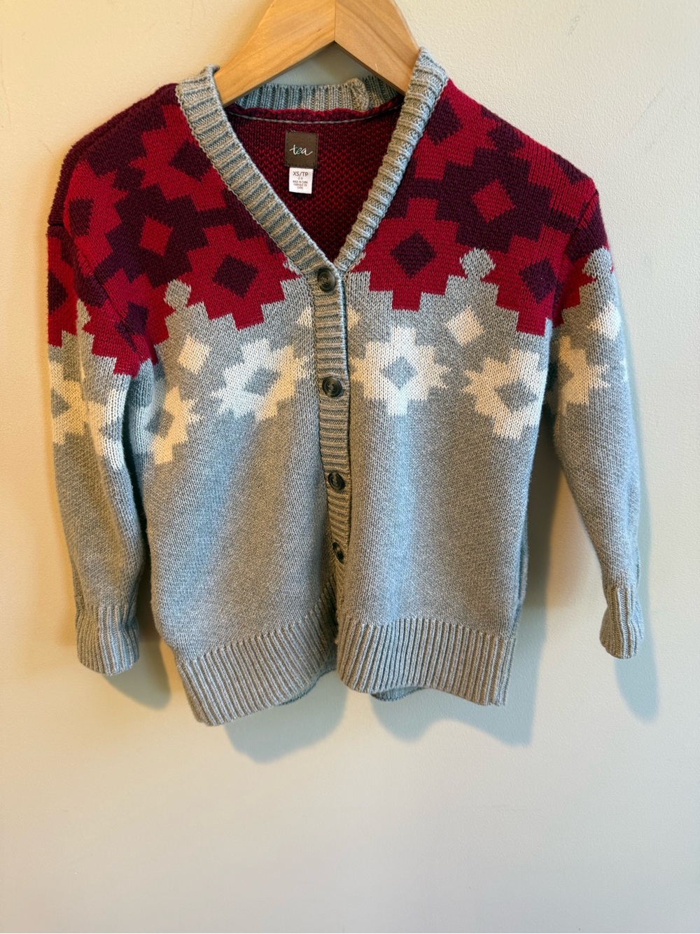 Tea Collection Gray and Red Cotton Cardigan Sweater, girls size xs